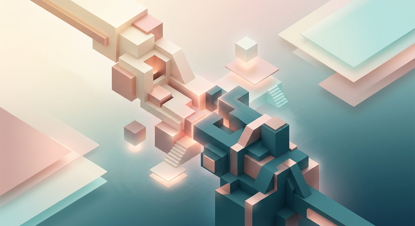 Abstract isometric art showing emotional intimacy through interlocking geometric forms in pastel gradients