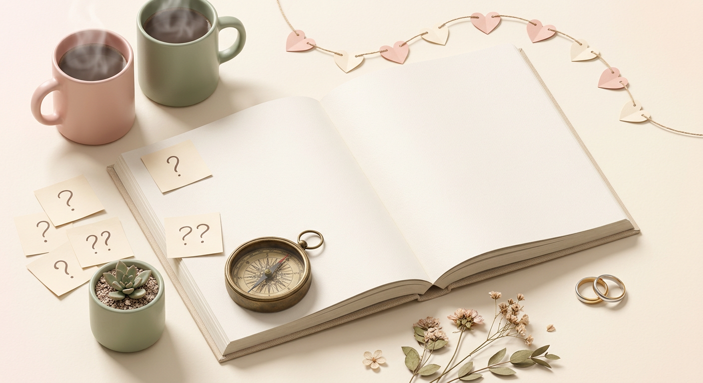 Flat-lay journal with hearts and compass symbolizing emotional intelligence in relationships