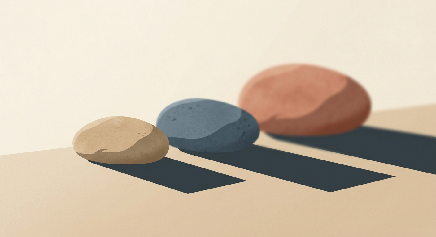 Three smooth stones representing relationship timeline milestones and attachment styles