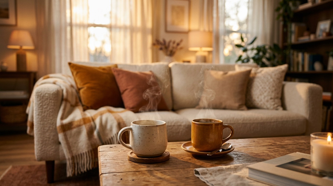 Warm cozy living room evoking intimate conversation quality and relationship depth