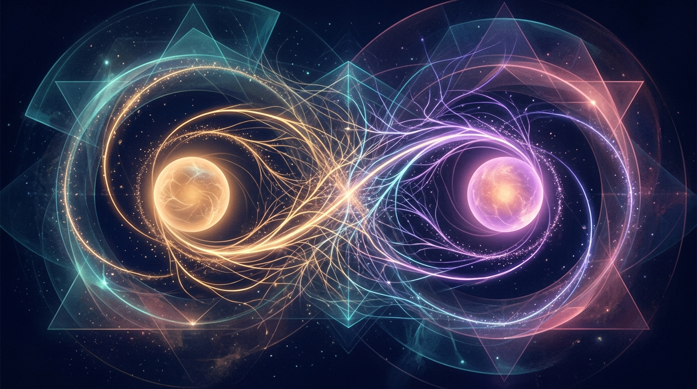 Two glowing orbs connected by light threads symbolizing couples quiz compatibility assessment