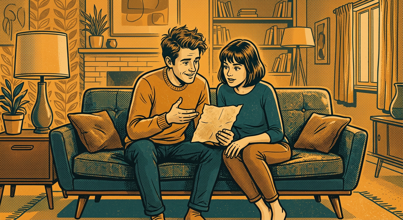Couple reviewing relationship compatibility quiz results, discussing attachment styles and love languages