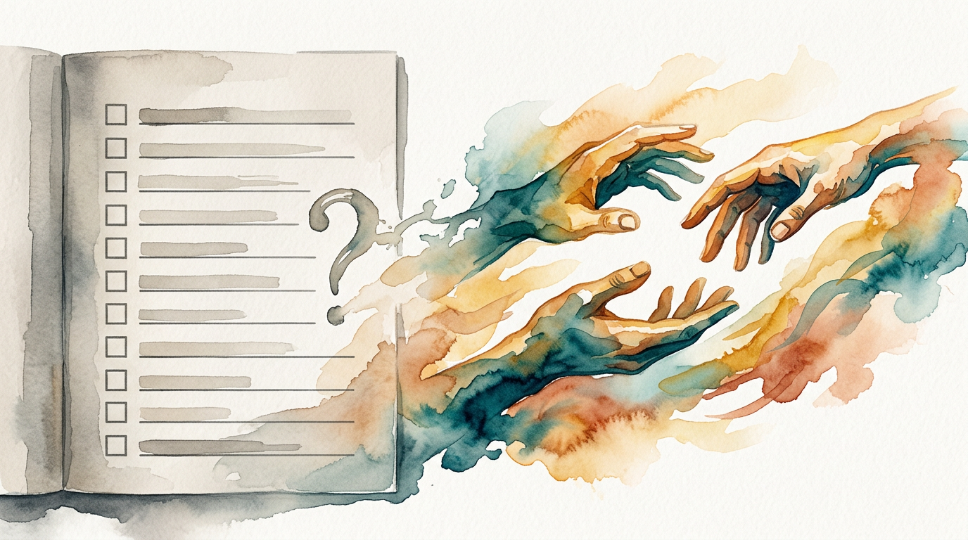 Watercolor contrast of closed quiz answers vs open couples communication and active listening