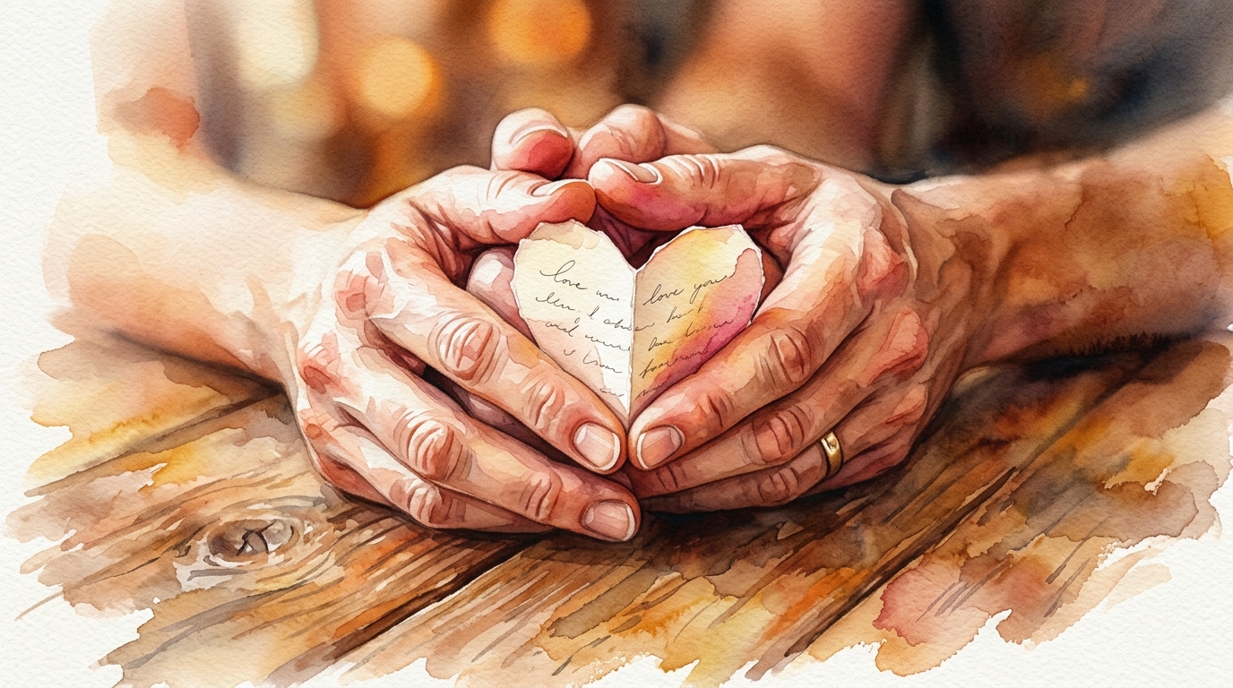 Two hands intertwined with a paper heart note, symbolizing relationship warmth and emotional safety