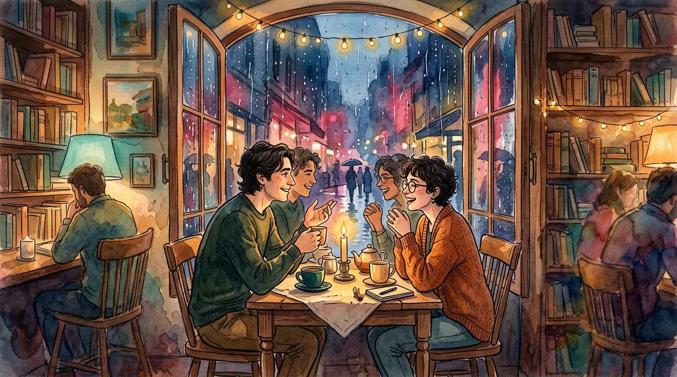 Watercolor illustration of emotional connection and conversation escalation on a candlelit date