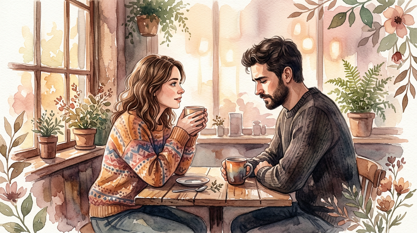 Couple sharing emotional vulnerability and relational depth in quiet conversation