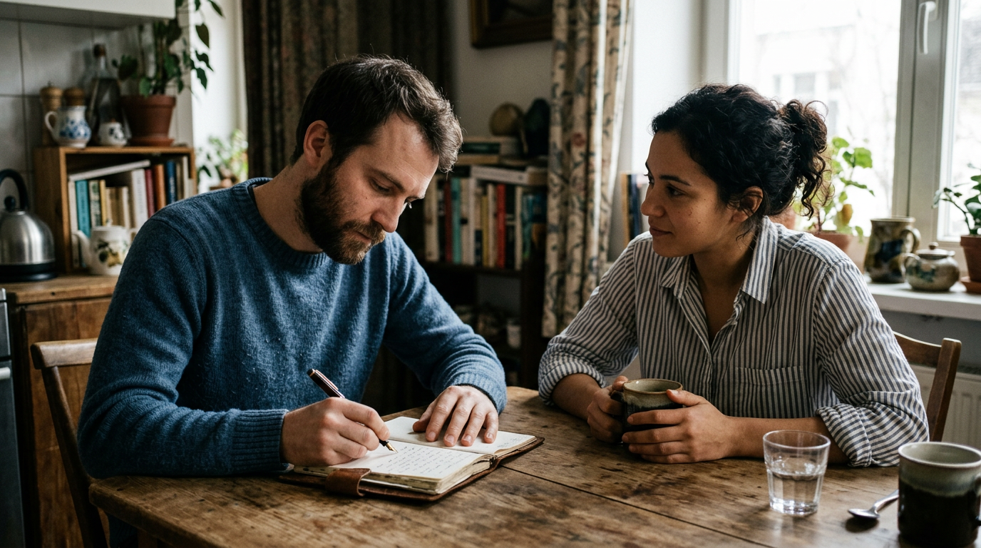 Couple practicing self-disclosure and vulnerability through reflective journaling at home