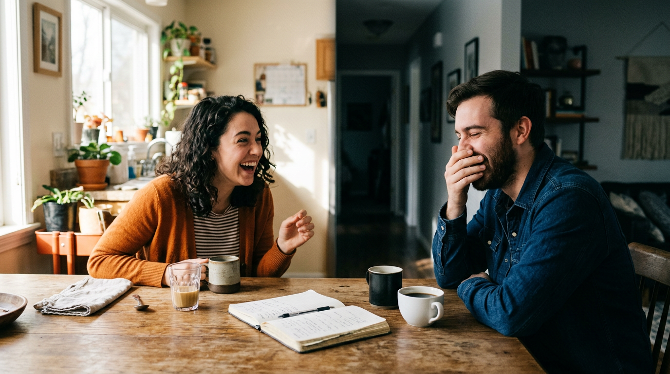 Couple laughing together at kitchen table, showing playfulness and emotional safety in relationships