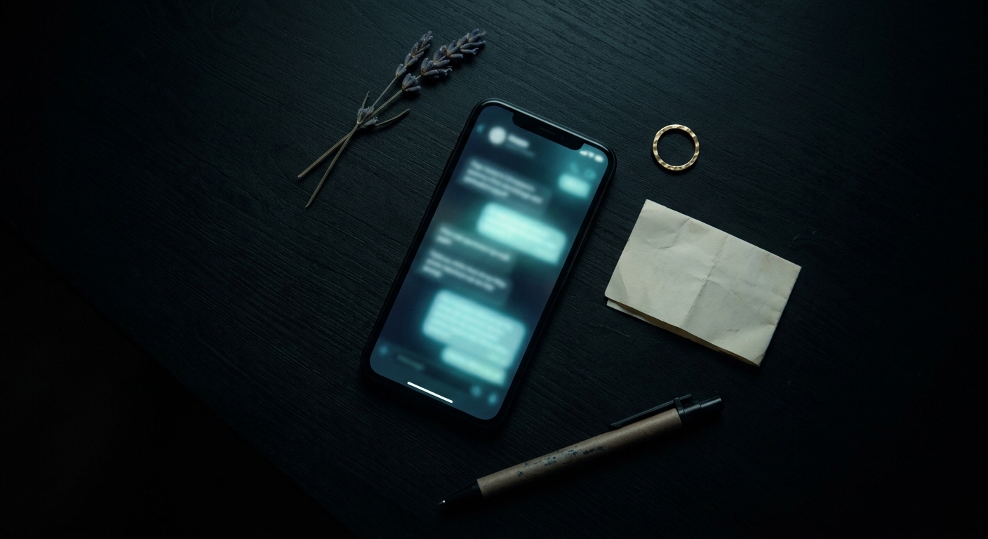 Smartphone glowing with text conversation, emotional safety in digital communication overhead view