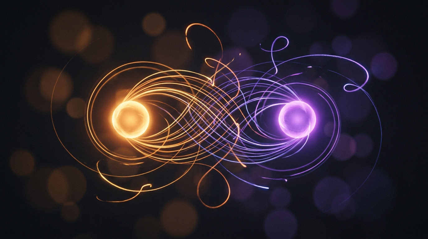 Abstract glowing orbs depicting humor style matching and flirtation attraction dynamics