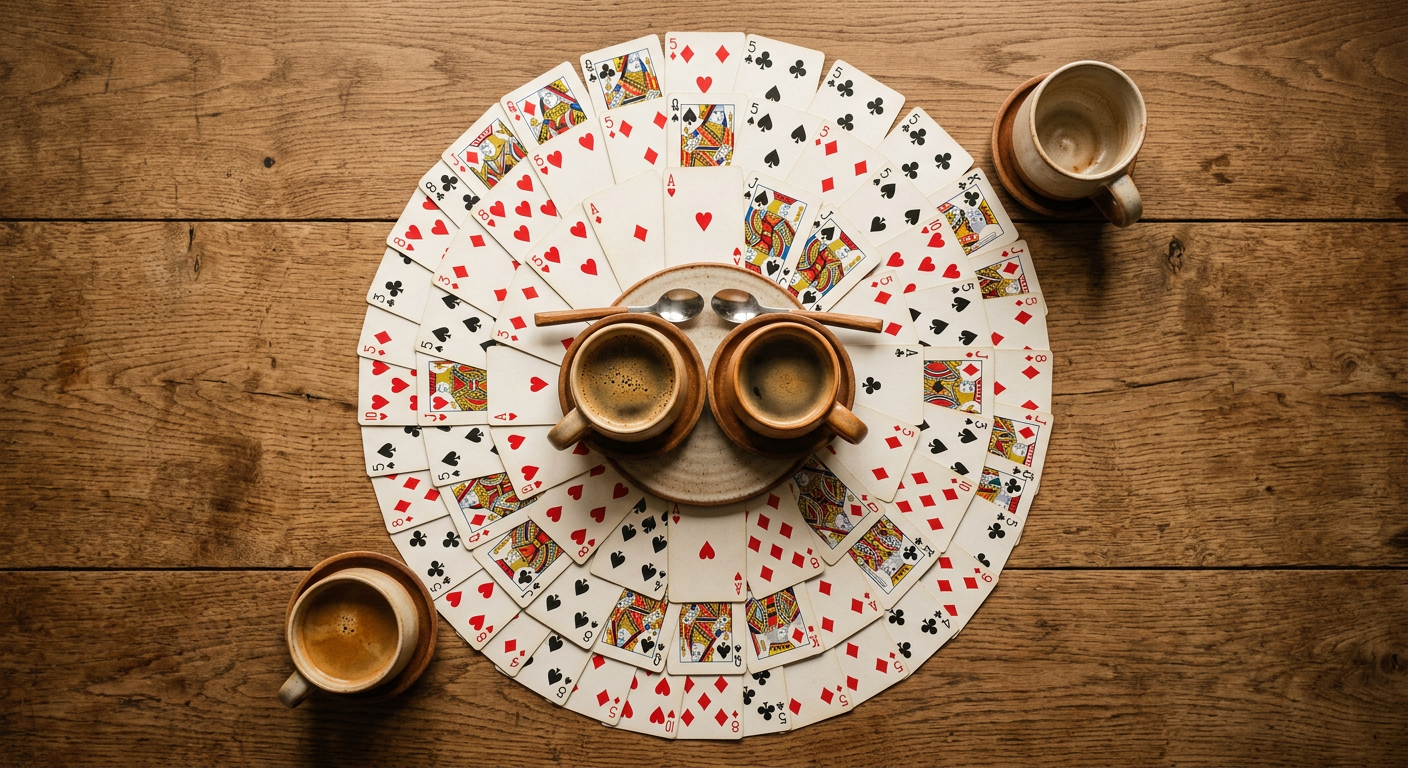 Aerial view of coffee cups and cards arranged playfully, evoking laughter as bonding