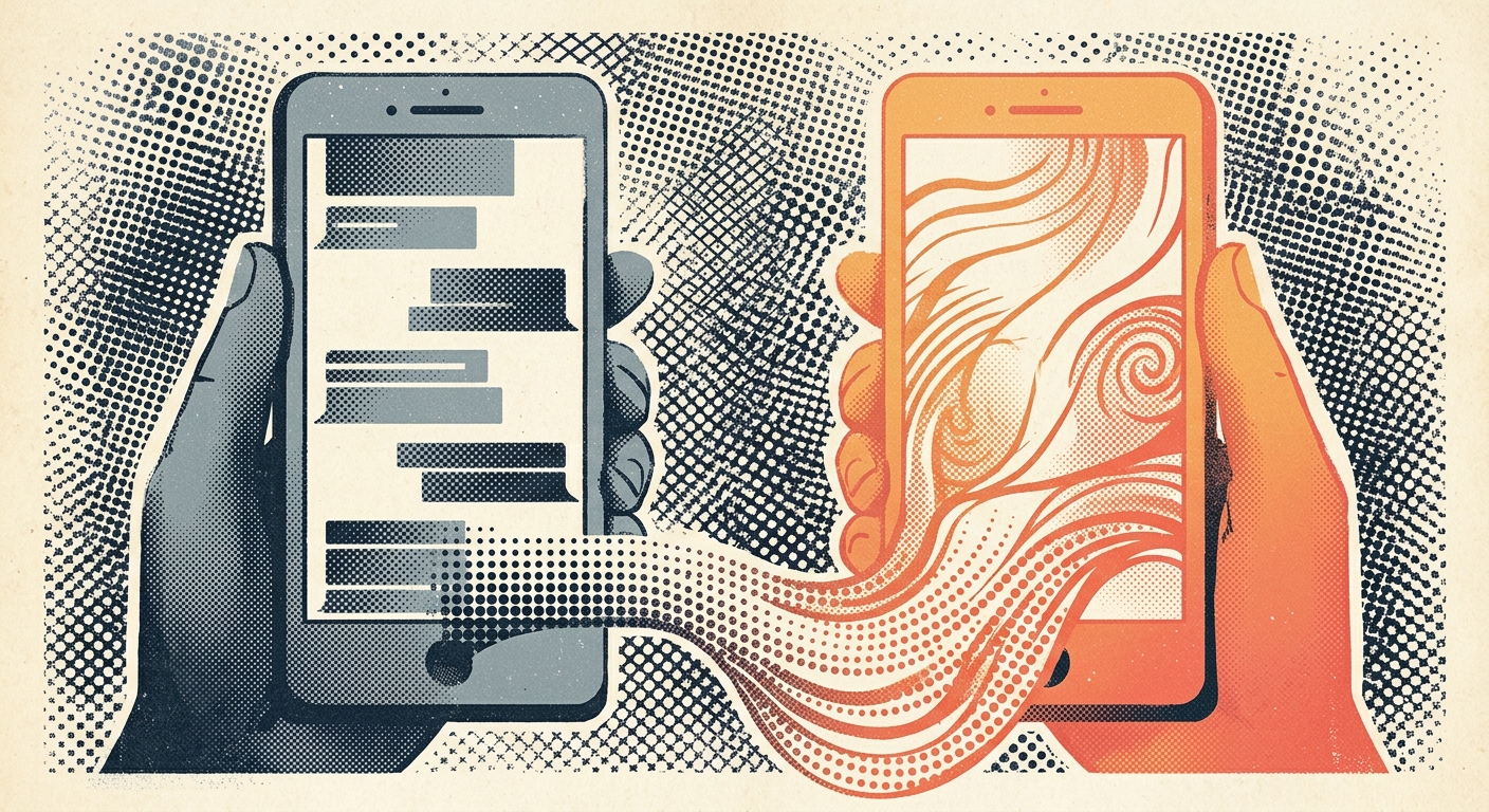 Duotone retro halftone image showing contrasting texting conversation styles and digital intimacy