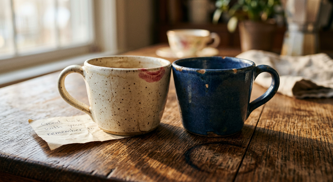 Two coffee mugs touching on worn wood table — couples quiz playful communication moment