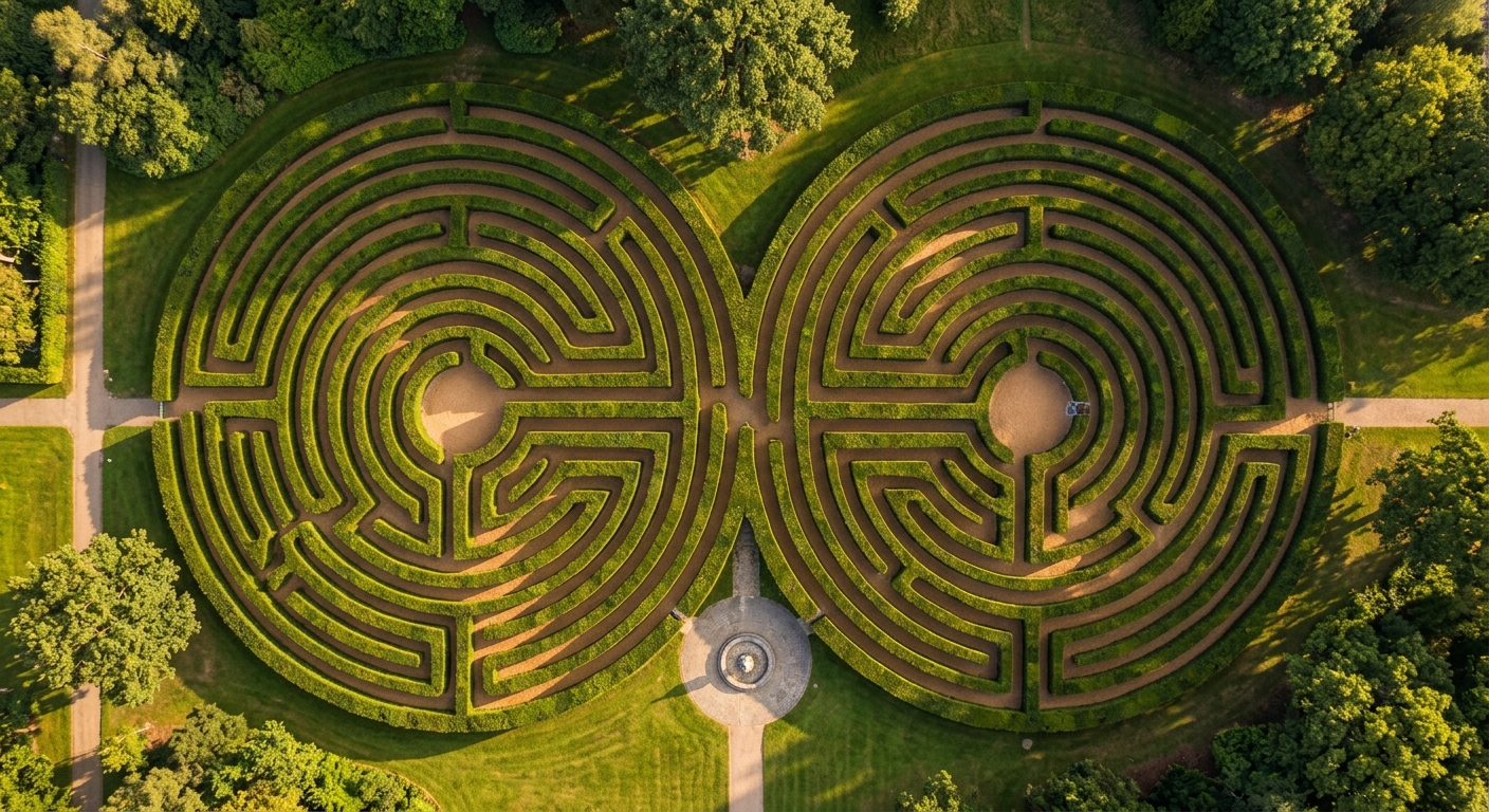 Aerial view of two interlocking garden maze paths representing emotional attunement in long-term relationships