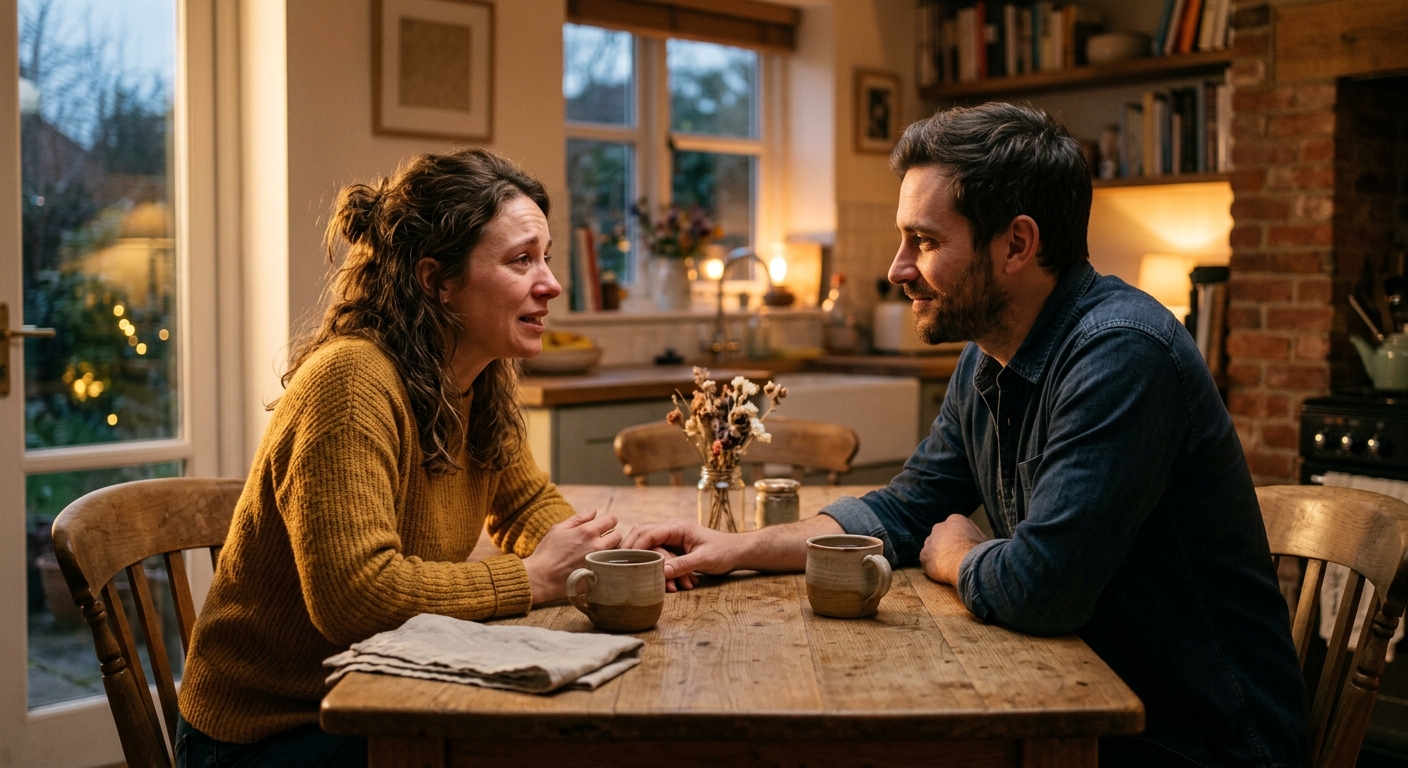 Couple practicing active listening and emotional vulnerability through deep intimate questions