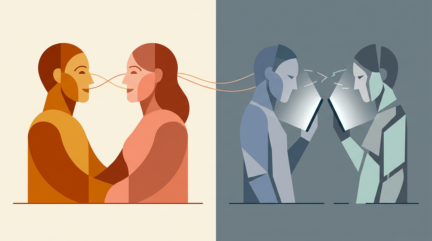 Flat illustration contrasting in-person connection with text-based digital communication signals