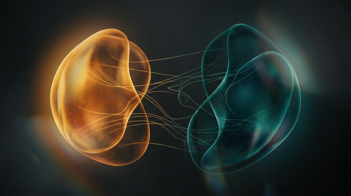Abstract shapes in amber and teal conveying emotional intimacy and relationship red flags tension