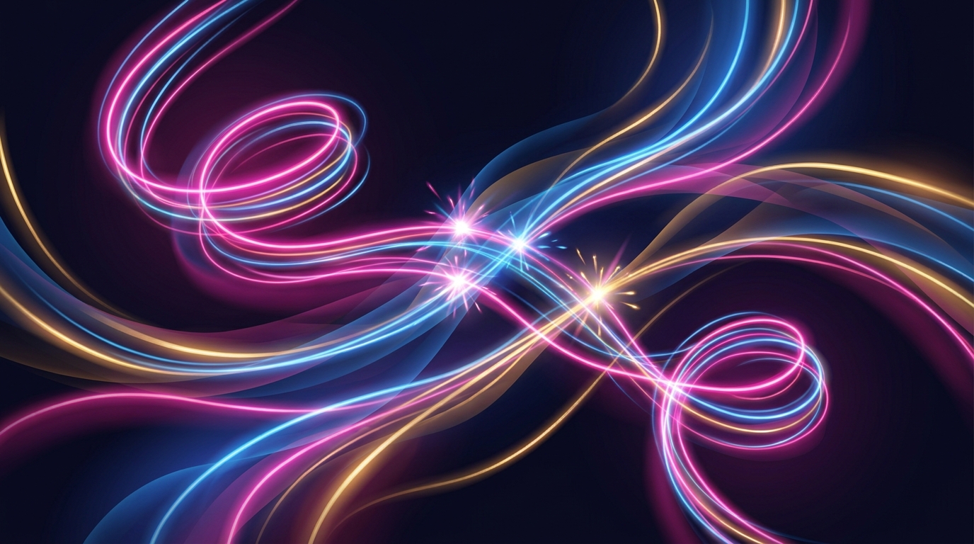 Flowing neon light streams on dark background representing playful text-based intimacy and digital humor