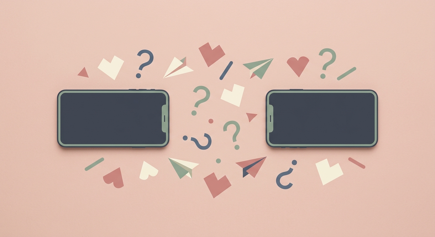 Overhead flat-lay of two phones with playful question marks illustrating humor styles in relationships