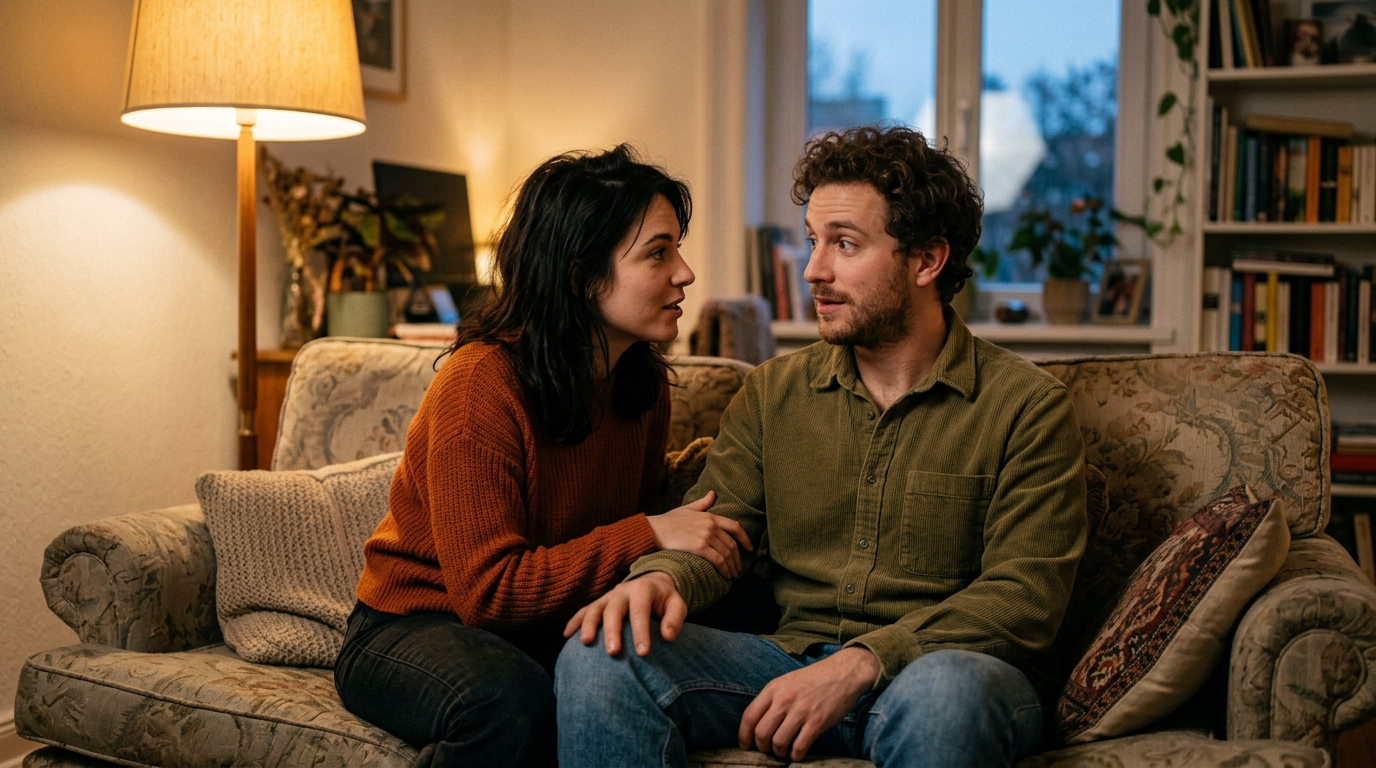 Couple sharing a vulnerable romantic conversation, showing emotional availability and love
