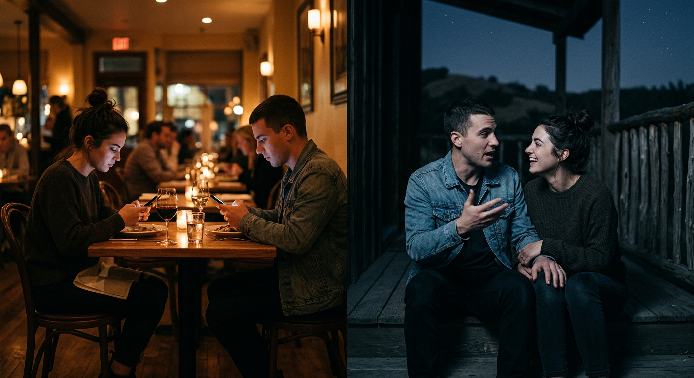 Couple shifting from shallow small talk to deep emotional intimacy and vulnerability
