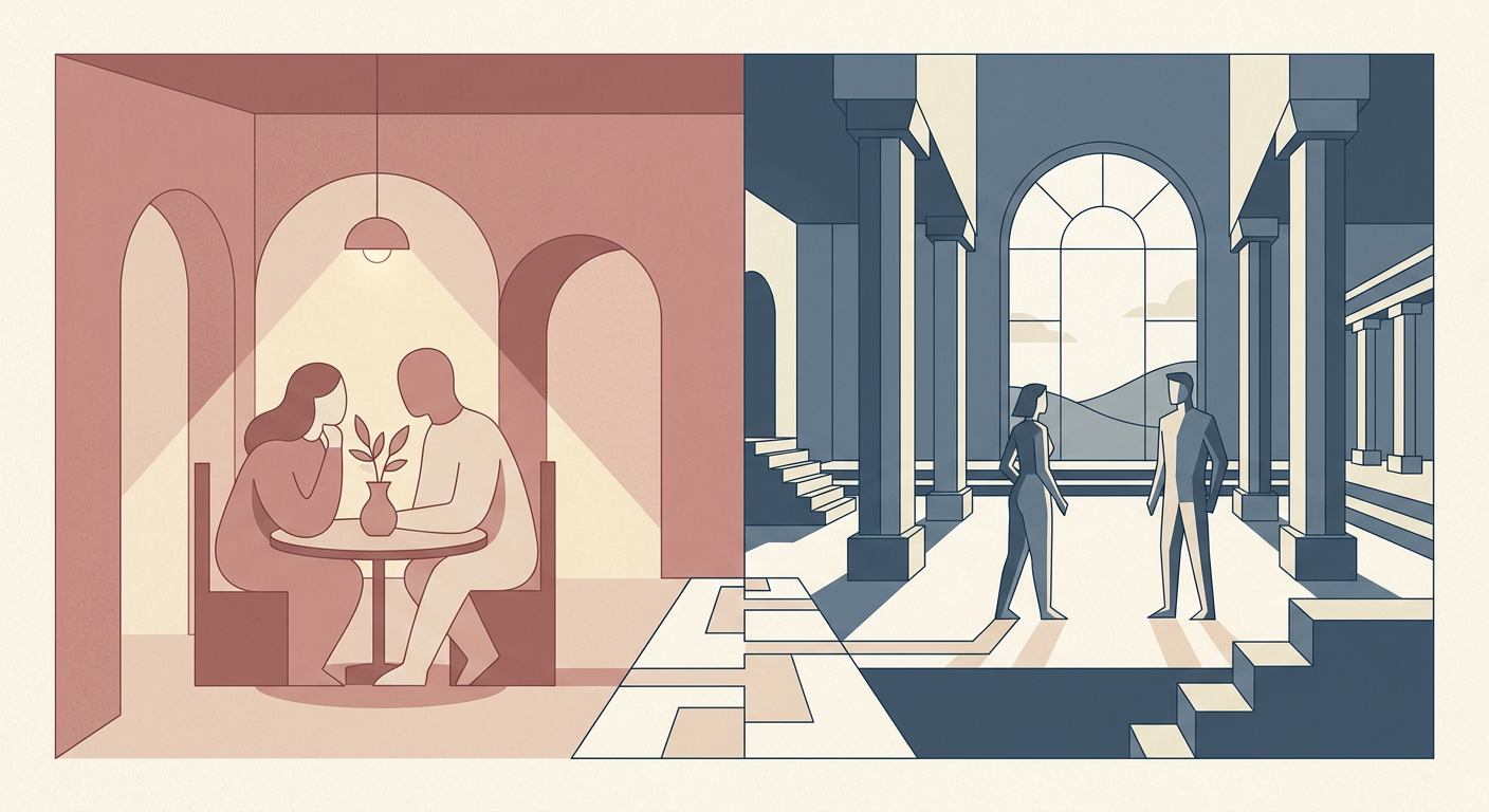 Flat illustration contrasting emotional warmth and values compatibility in relationship conversations