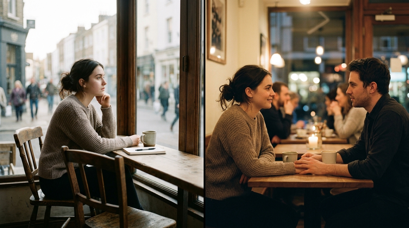 Woman alone then seen by partner — self-perception meets relationship attentiveness