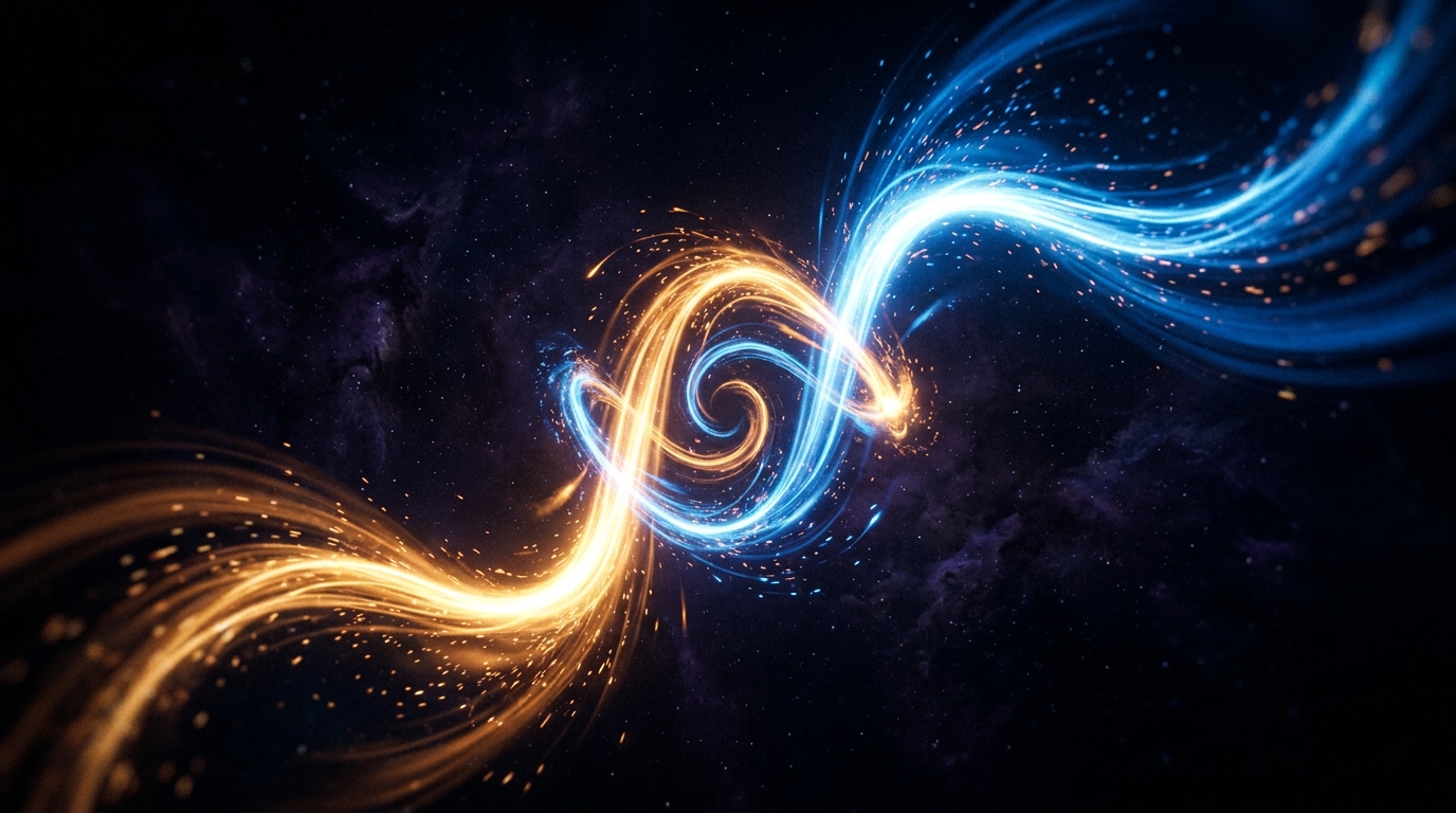 Two glowing light threads intertwining — couples communication through playful escalation and emotional safety