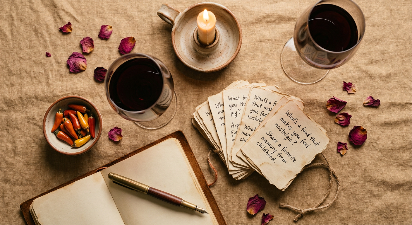 Flat-lay of question cards, candle, and wine glasses evoking novelty and emotional safety in couples play