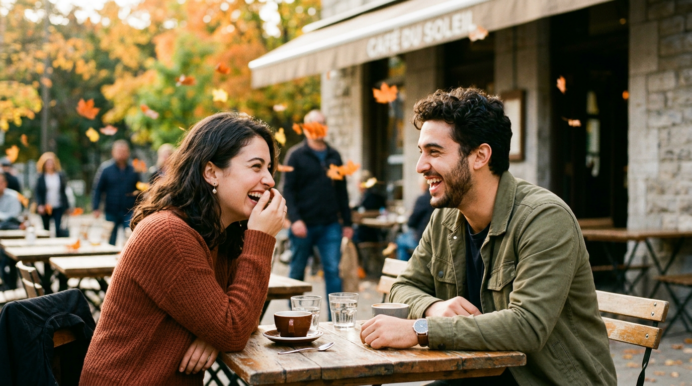Man and woman laughing together at cafe, genuine flirtation and playful banter moment