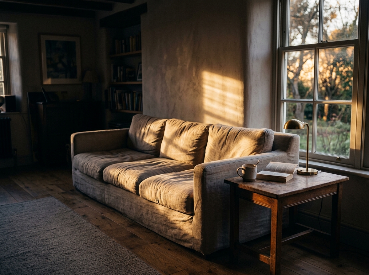 Soft evening light on an empty couch after a long conversation, ready for a free consultation with a specialist