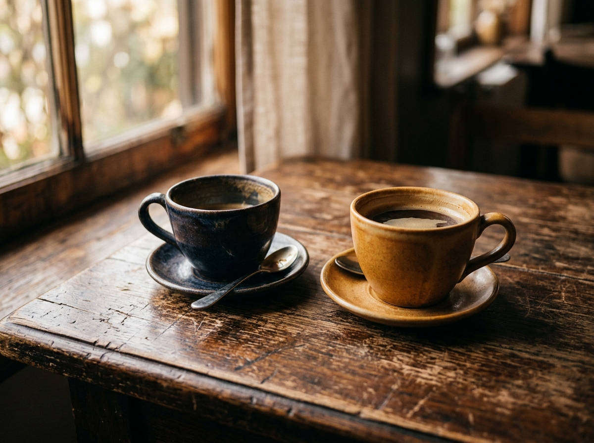 Two coffee cups in morning light beside an unfinished conversation that the right conversation starters could revive
