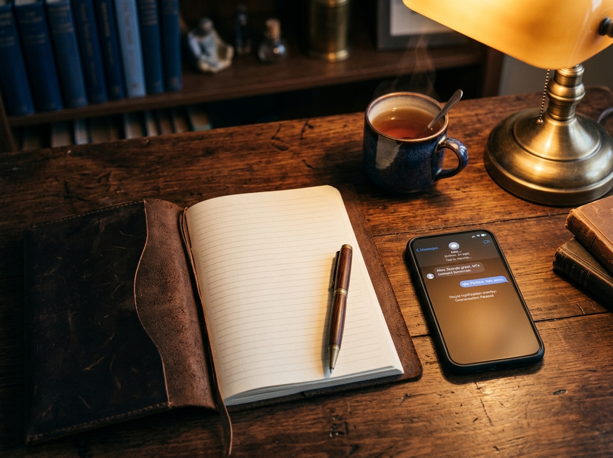 A notebook and phone showing a relationship questions guide and a couple's conversation thread